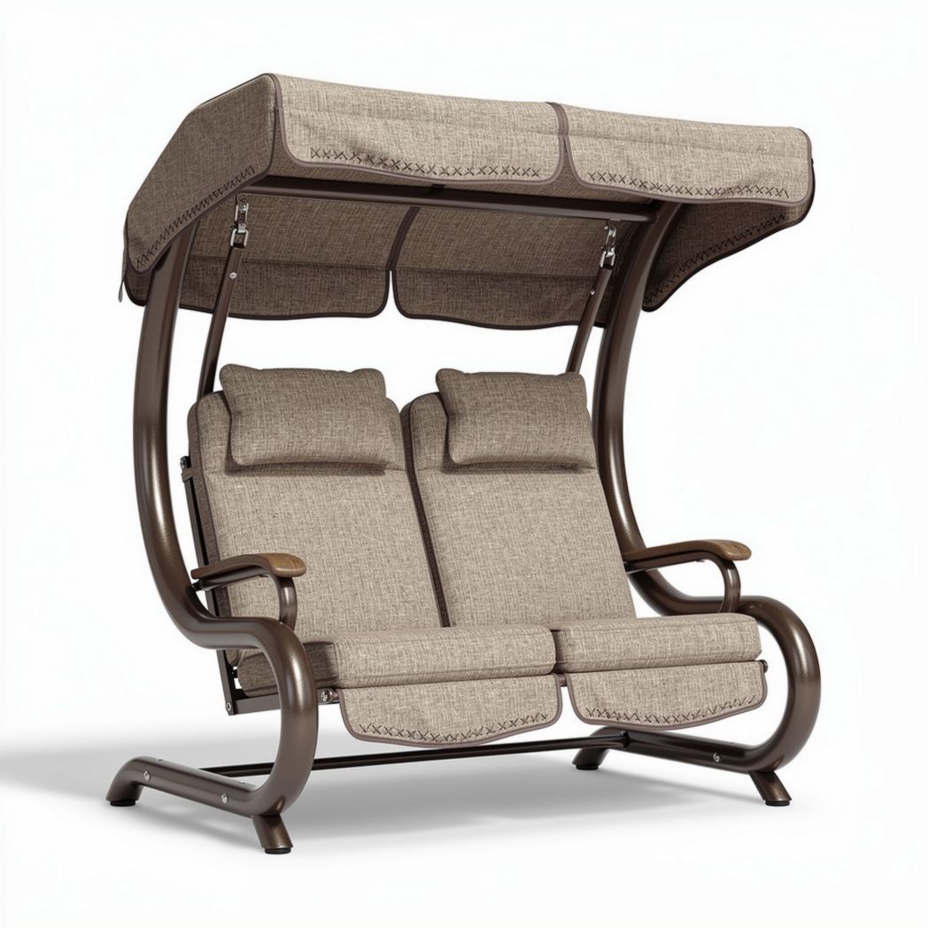 Outdoor double glider bench swing with canopy and cushions in beige 160 x 100 x 150cm