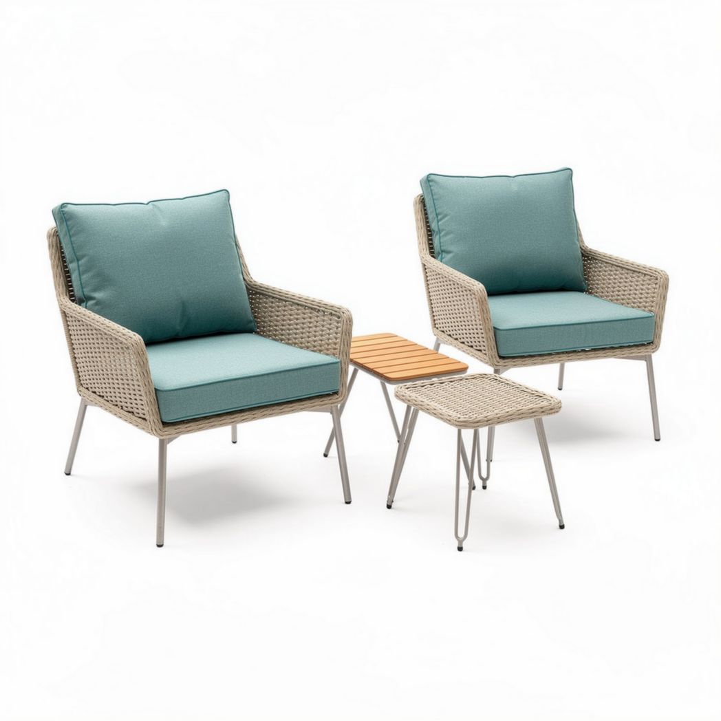 Outdoor rattan lounge chairs set with cushions and wooden side table