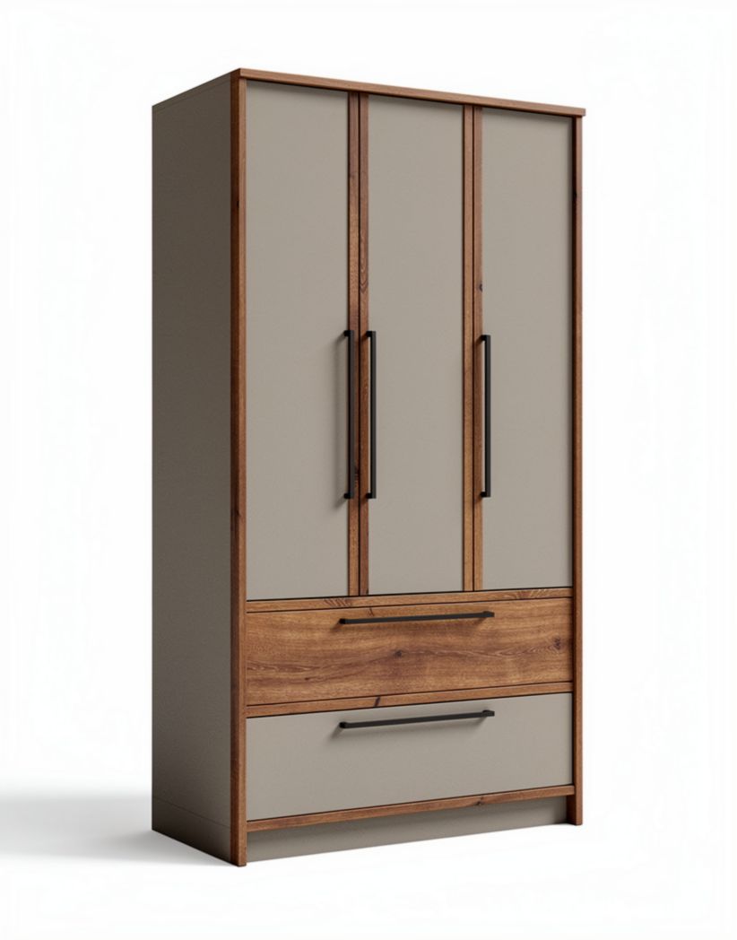 Three-door wardrobe in beige and wood finish with two drawers 190 x 90 x 60cm