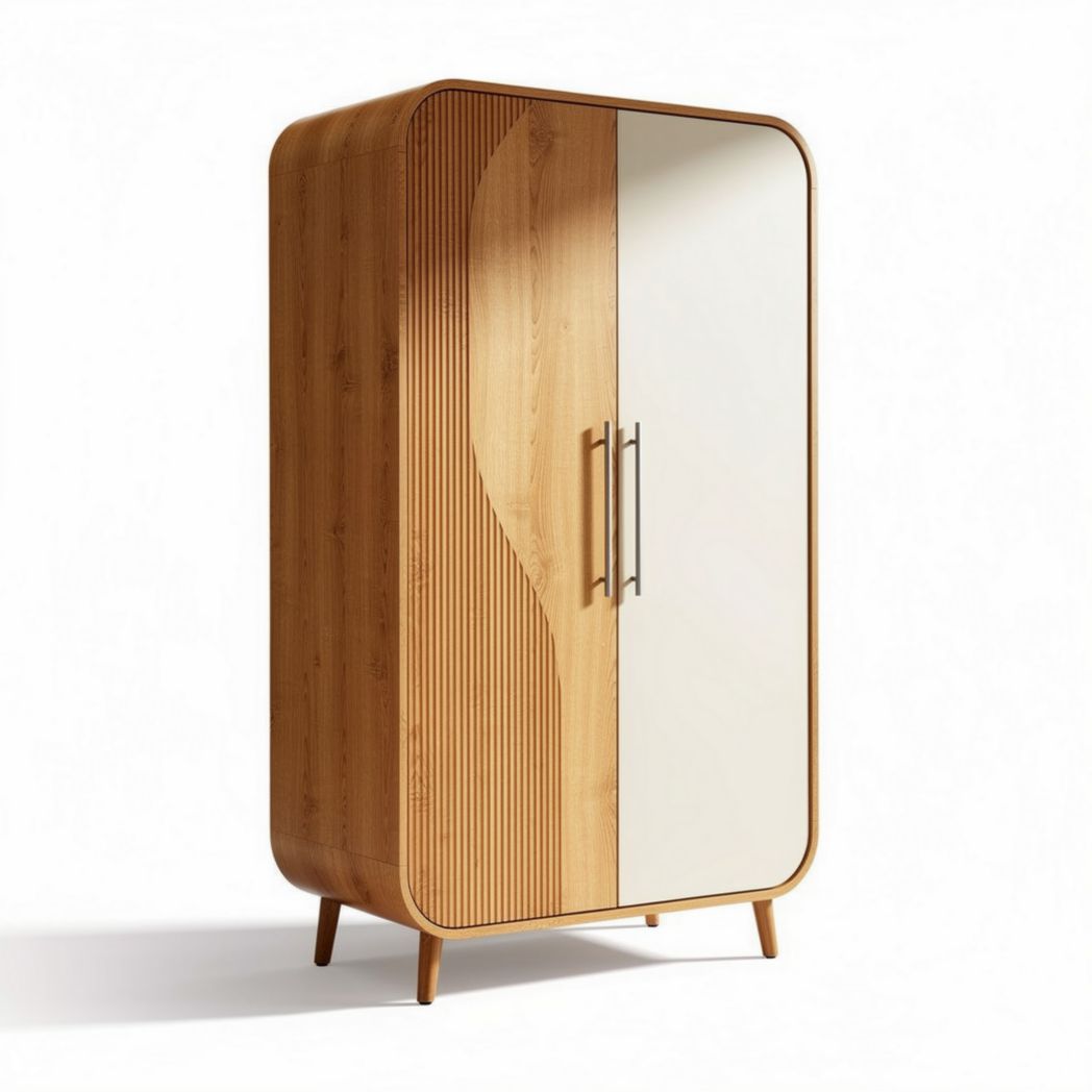 Bamboo wardrobe with white sliding doors and curved edges 80 x 40 x 150cm