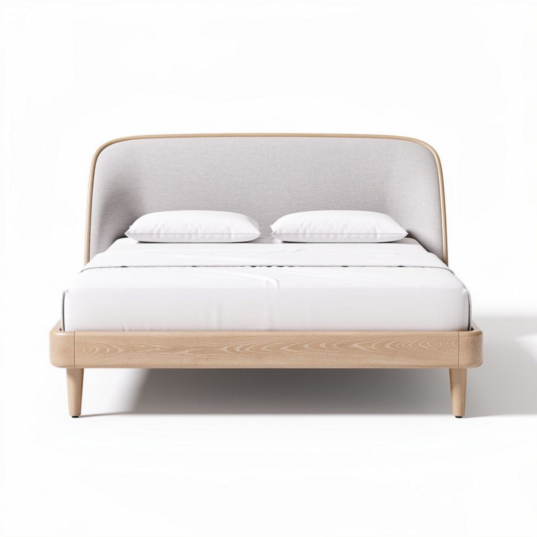 Upholstered bed frame with wooden legs in neutral color 201 x 160 x 100cm