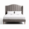 Upholstered queen size bed frame with headboard in light gray fabric