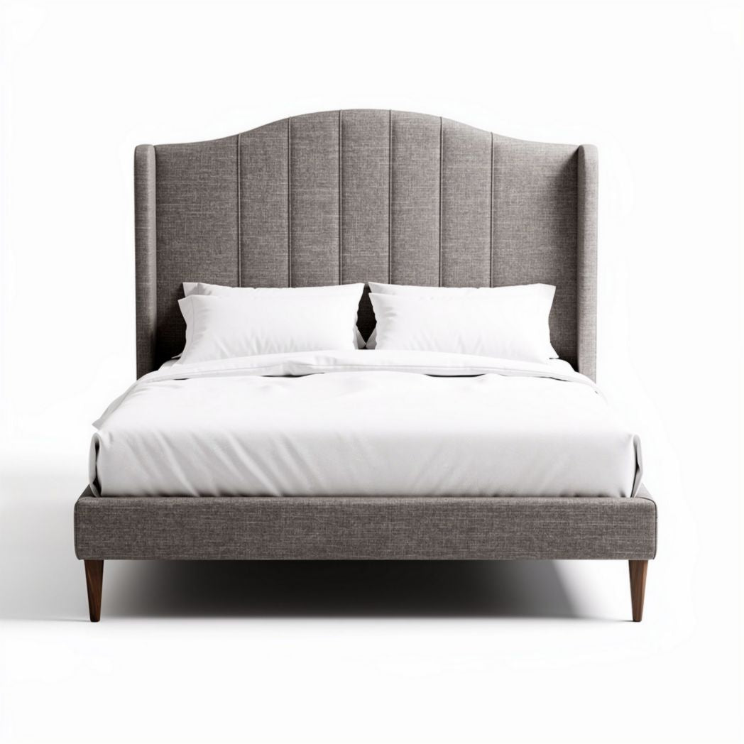 Upholstered queen size bed frame with headboard in light gray fabric