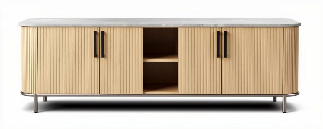 Wooden sideboard cabinet with marble top and storage compartments 180 x 45 x 70cm
