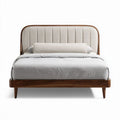 Wooden bed frame with upholstered headboard and neutral gray bedding 210 x 160 x 100cm