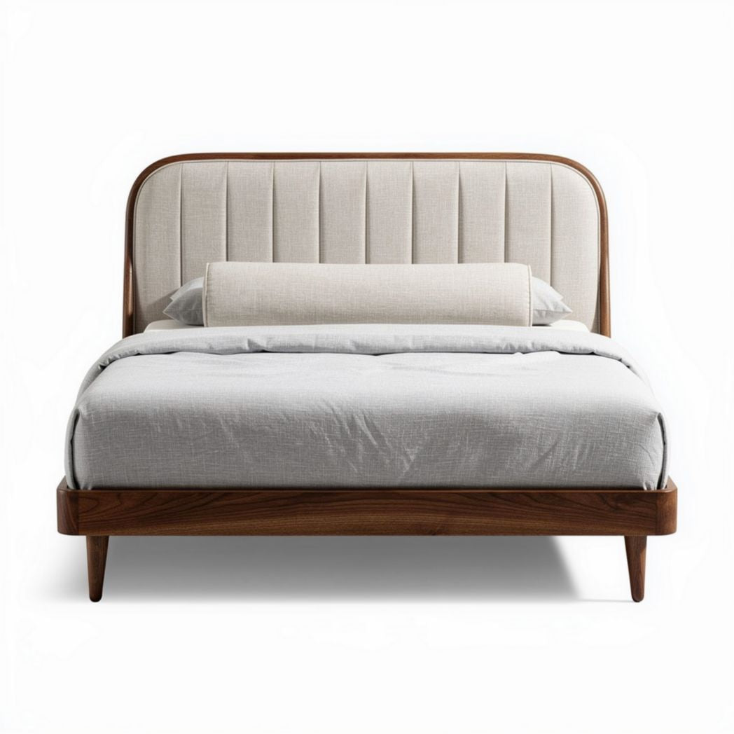 Wooden bed frame with upholstered headboard and neutral gray bedding 210 x 160 x 100cm