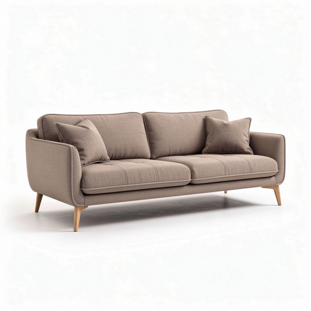 Fabric upholstered three-seater sofa with wooden legs size 220 x 90 x 85cm in beige
