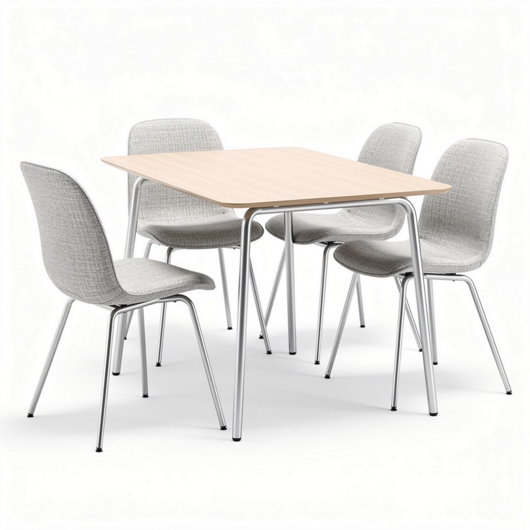 Square dining table set with four upholstered chairs in light grey fabric 120 x 80 x 75cm