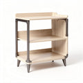 Wooden serving cart with two shelves and metal frame in natural finish