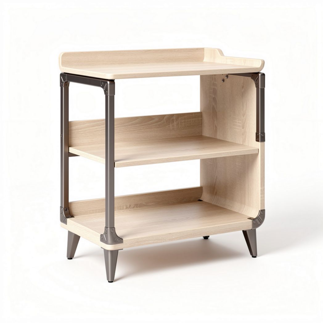 Wooden serving cart with two shelves and metal frame in natural finish